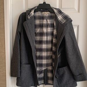 Elegant Charcoal Pea Coat with Plaid Lining